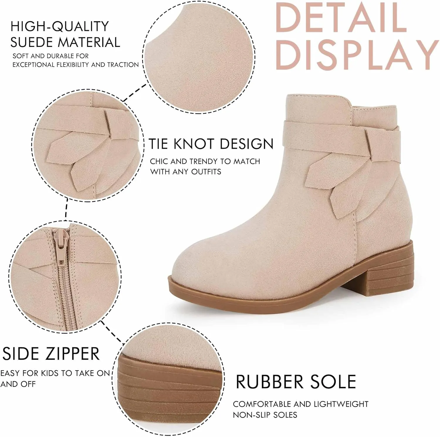 PiePieBuy Kids Girls Tie Knot Ankle Boots Chunky Low Block Heel Chelsea Dress Booties Winter Shoes With Zipper