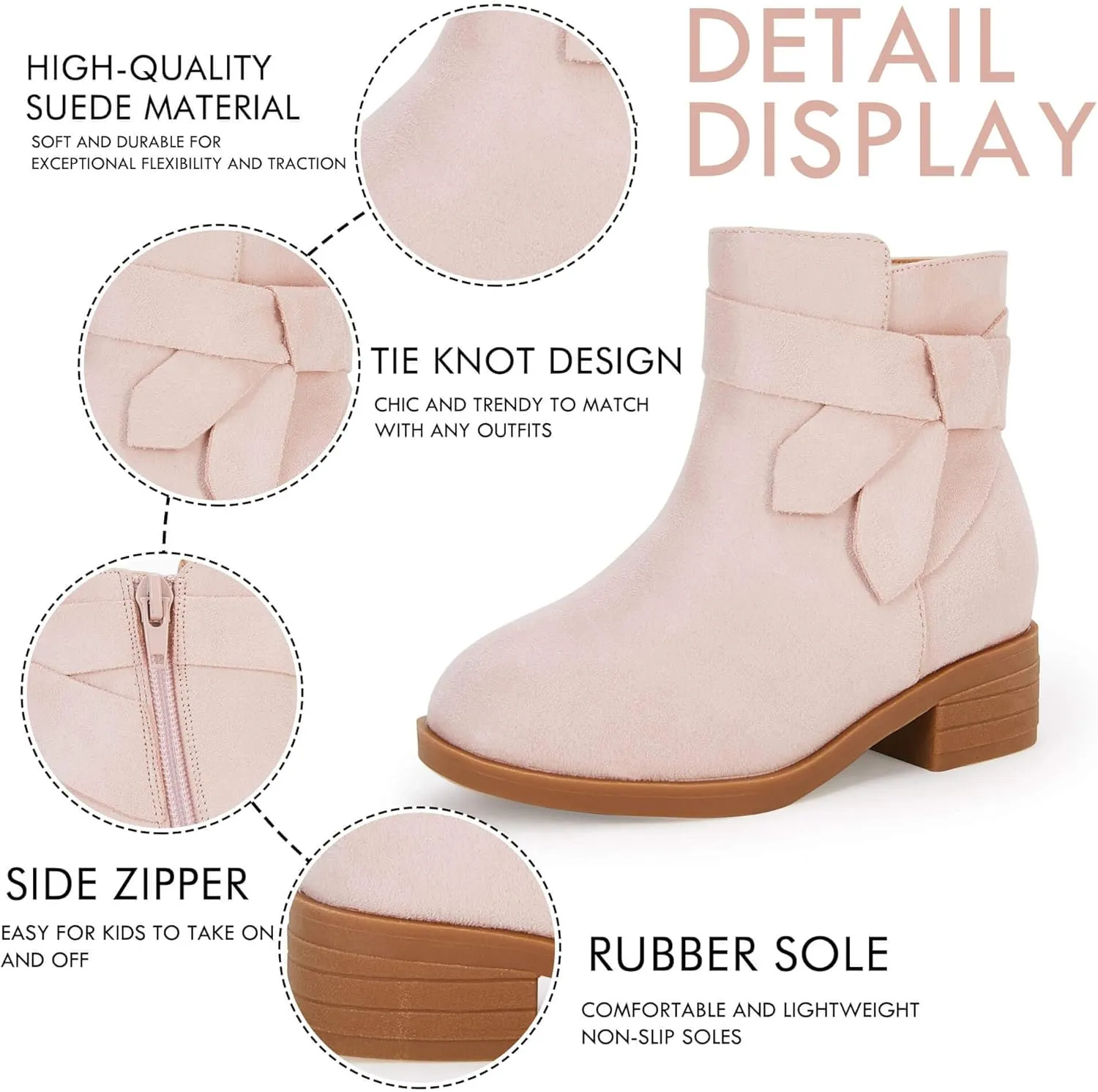PiePieBuy Kids Girls Tie Knot Ankle Boots Chunky Low Block Heel Chelsea Dress Booties Winter Shoes With Zipper
