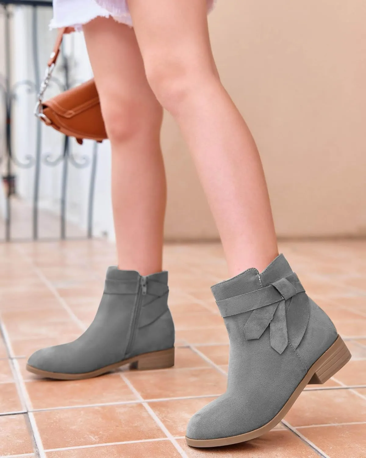 PiePieBuy Kids Girls Tie Knot Ankle Boots Chunky Low Block Heel Chelsea Dress Booties Winter Shoes With Zipper