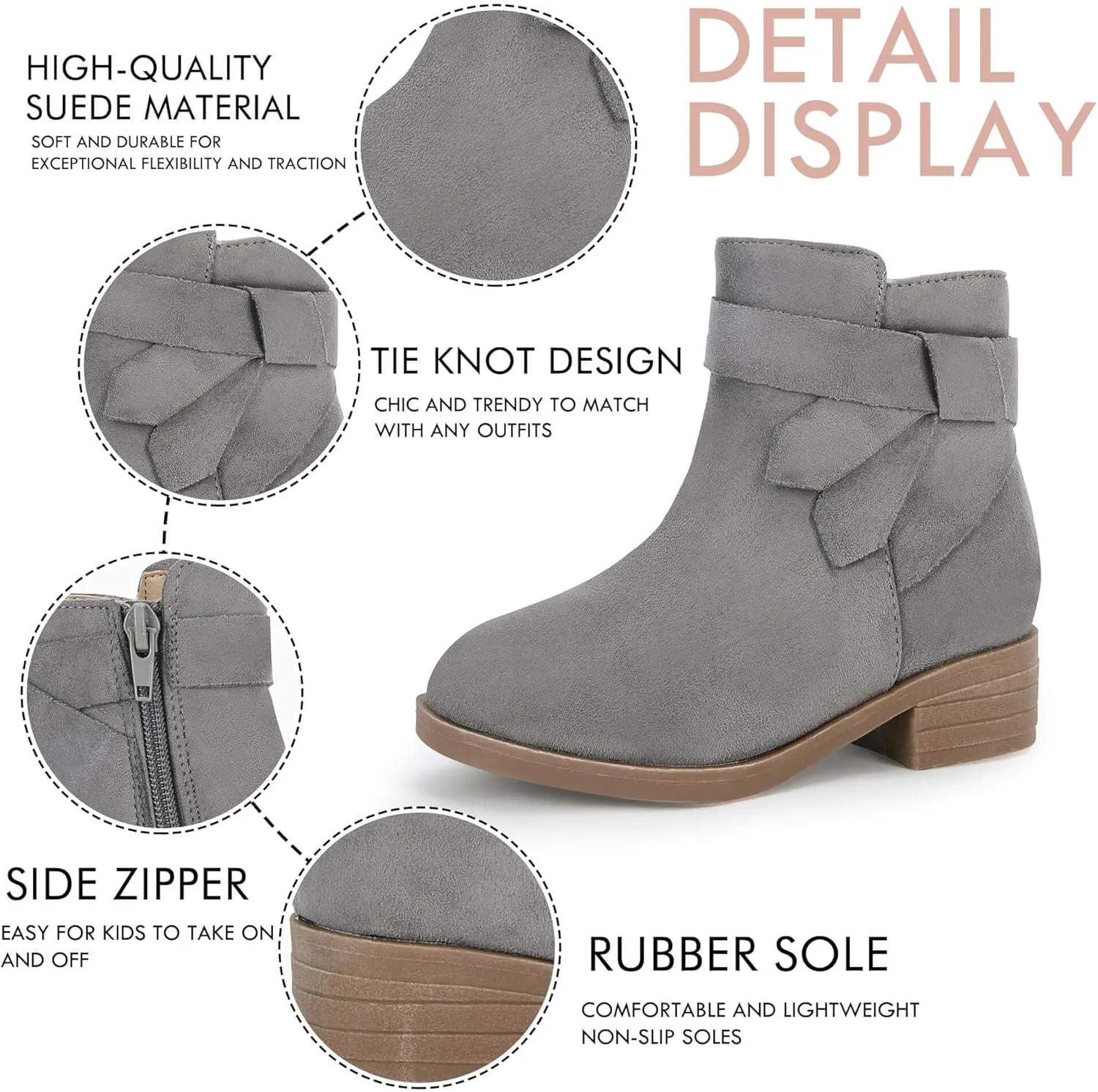 PiePieBuy Kids Girls Tie Knot Ankle Boots Chunky Low Block Heel Chelsea Dress Booties Winter Shoes With Zipper