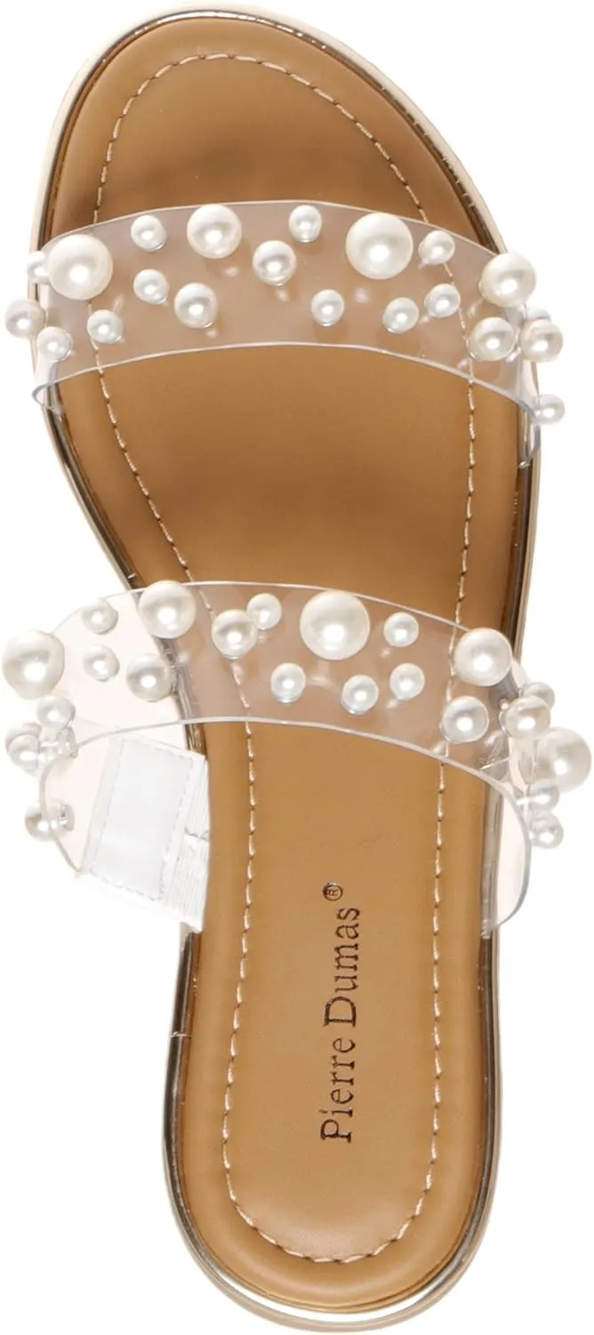 Pierre Dumas Sense-2 Women's Slip-On Slide Sandal Clear Lucite and Pearls for Women
