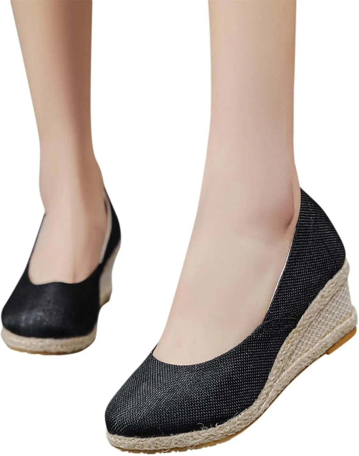 Platform Espadrilles for Women Closed Toe Slip-On Shoes Woven Flax High Wedge Sandals Arch Support Summer Sandals Breathable Comfy Walking Shoes