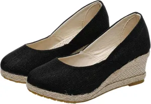Platform Espadrilles for Women Closed Toe Slip-On Shoes Woven Flax High Wedge Sandals Arch Support Summer Sandals Breathable Comfy Walking Shoes