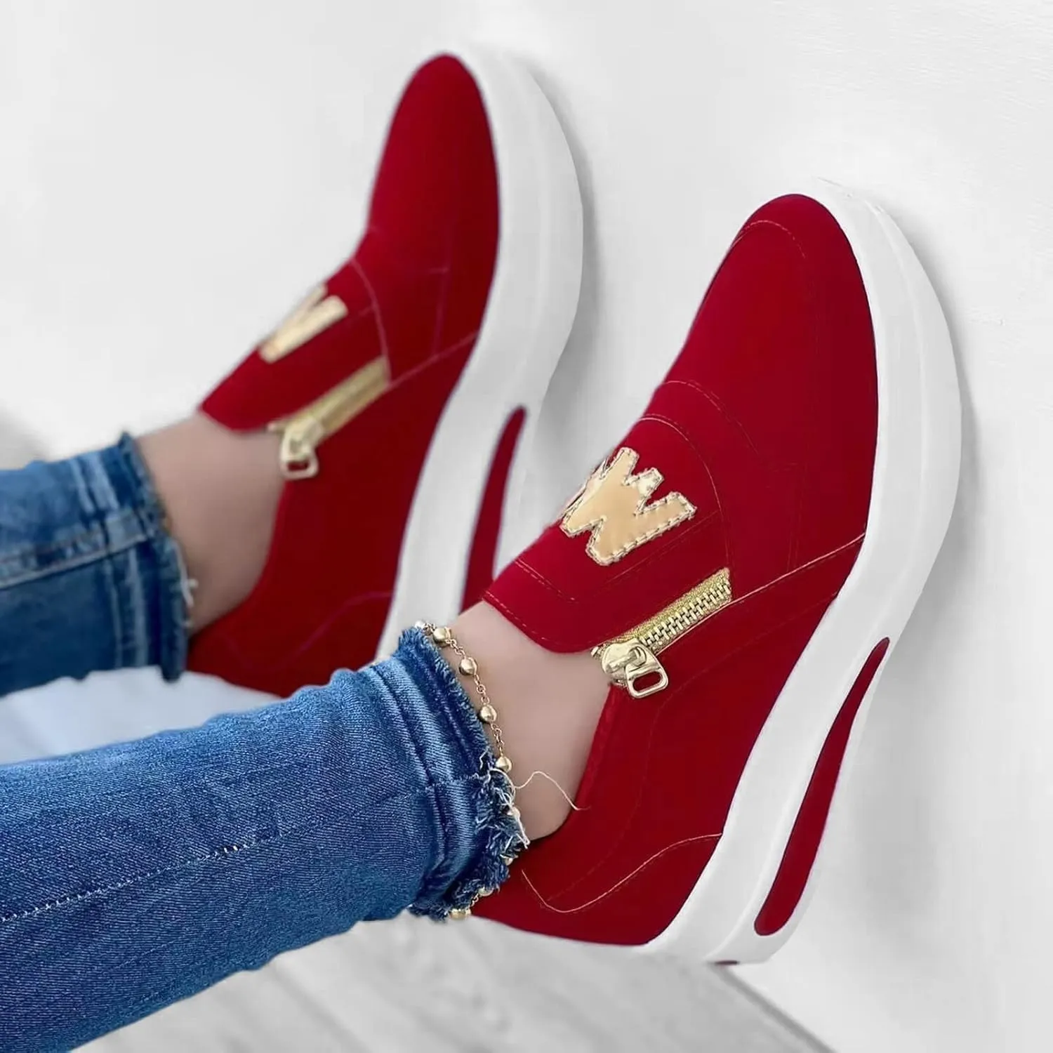 Platform Loafers for Women 2025 Arch Support Tennis Running Side Zipper Sneakers Summer Comfortable Slip On Round Toe Low-Top Shoes Ladies Cushion Footbed Walking Shoes for Gym Travel Work