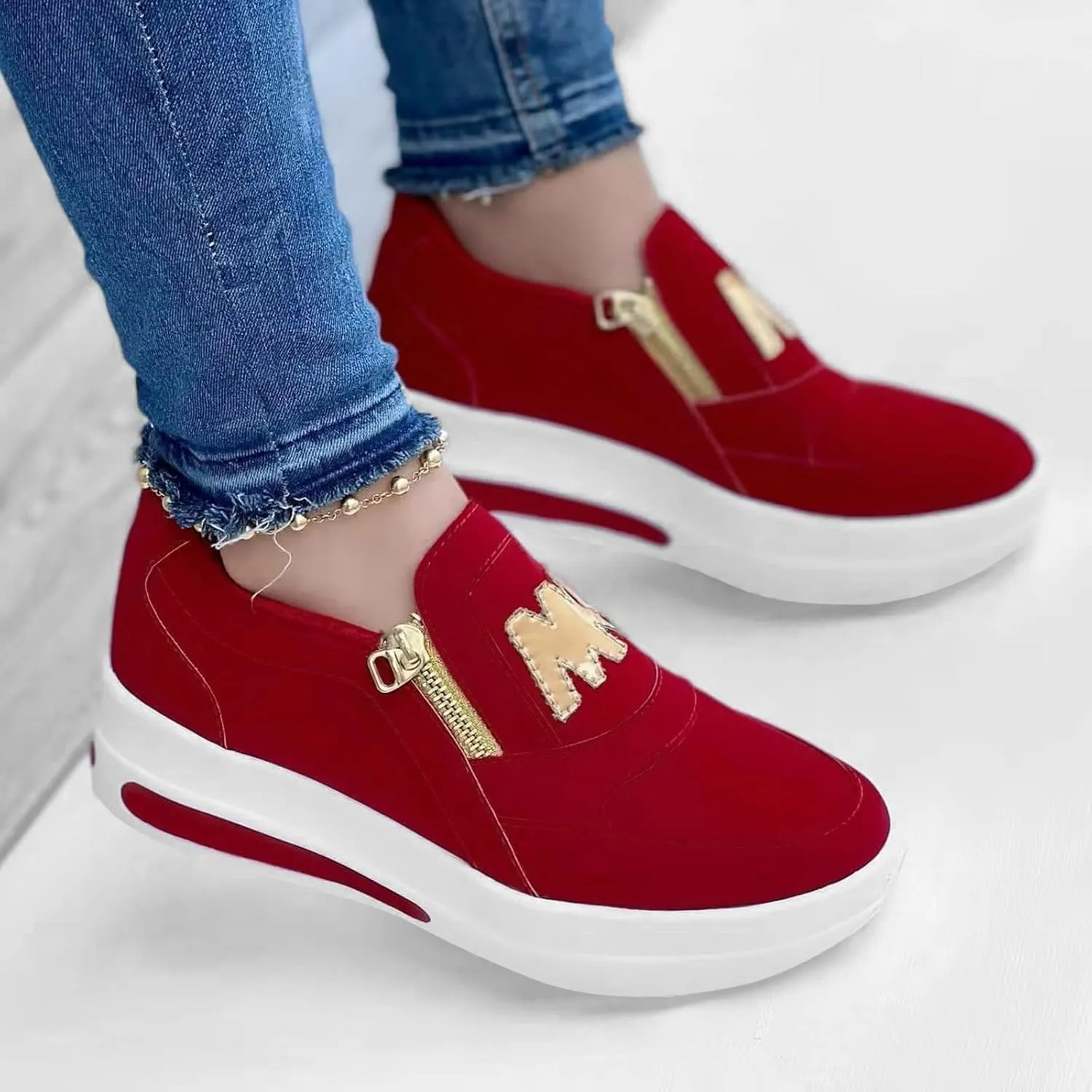 Platform Loafers for Women 2025 Arch Support Tennis Running Side Zipper Sneakers Summer Comfortable Slip On Round Toe Low-Top Shoes Ladies Cushion Footbed Walking Shoes for Gym Travel Work