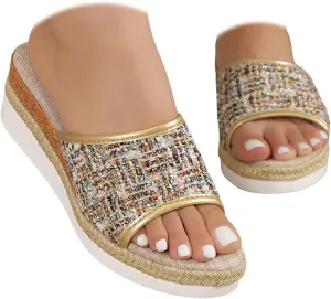 Platform Sandals Women Espadrille Slip on Comfortable Wedge Sandals Color Block Open Toe Stylish Casual Summer Shoes