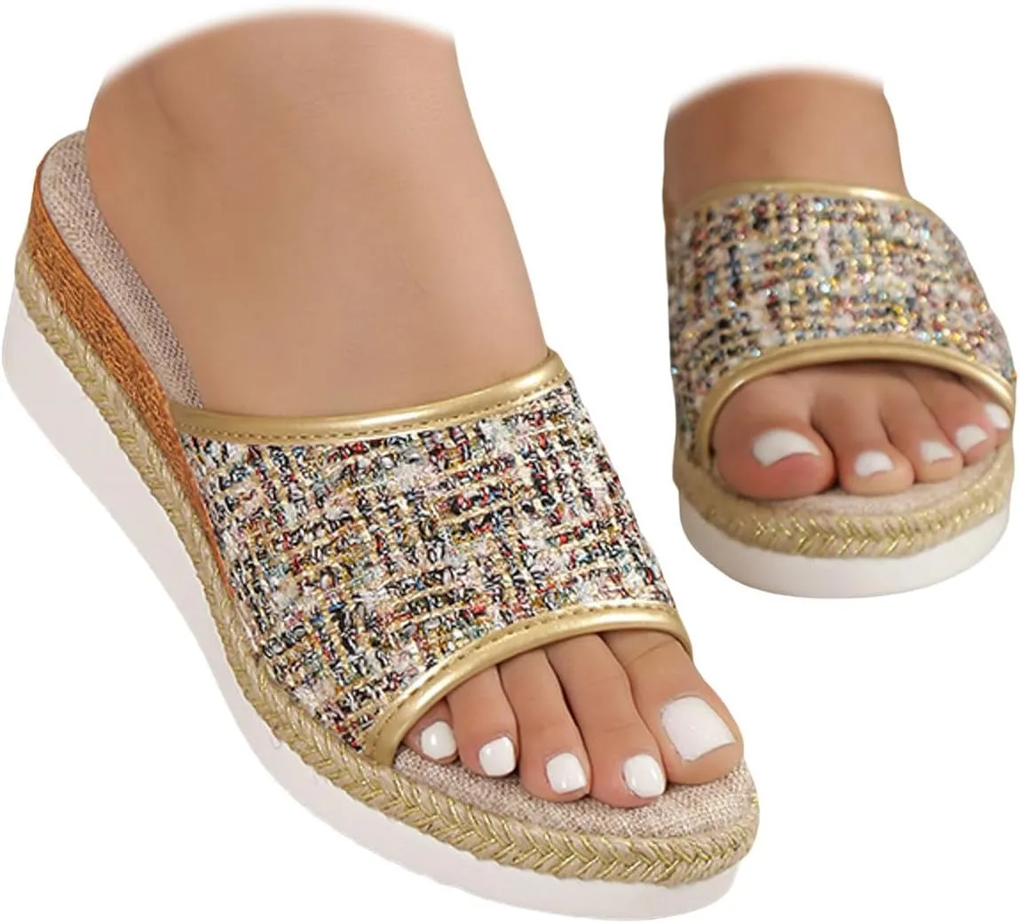 Platform Sandals Women Espadrille Slip on Comfortable Wedge Sandals Color Block Open Toe Stylish Casual Summer Shoes