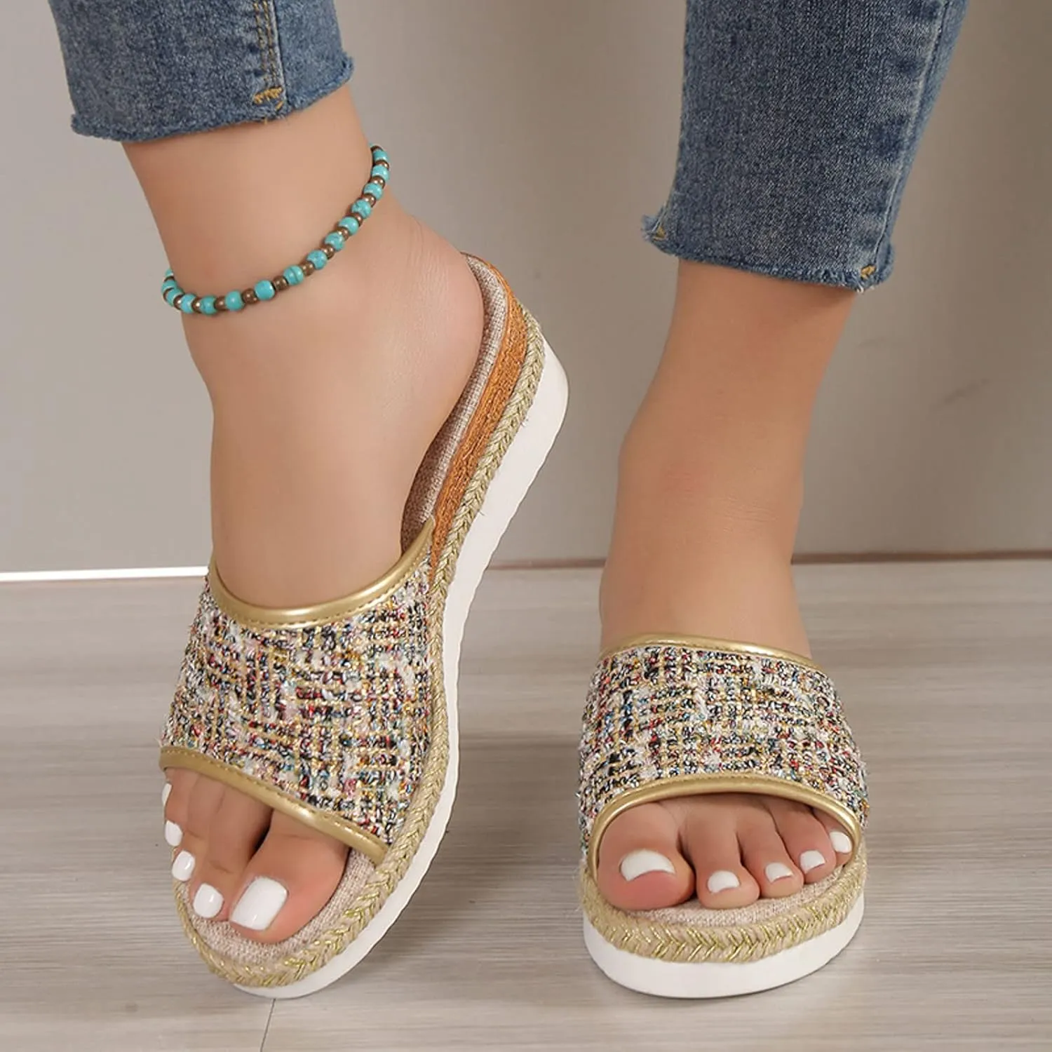Platform Sandals Women Espadrille Slip on Comfortable Wedge Sandals Color Block Open Toe Stylish Casual Summer Shoes
