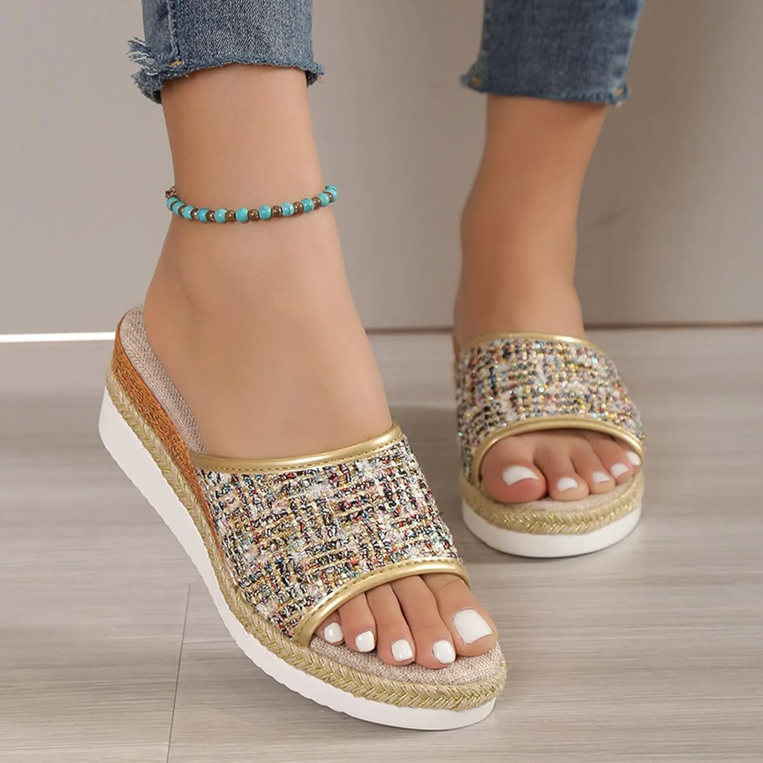 Platform Sandals Women Espadrille Slip on Comfortable Wedge Sandals Color Block Open Toe Stylish Casual Summer Shoes