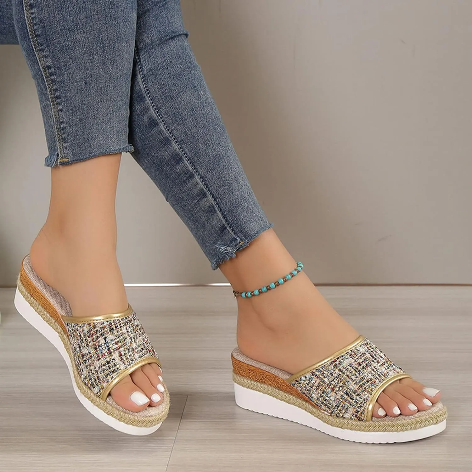 Platform Sandals Women Espadrille Slip on Comfortable Wedge Sandals Color Block Open Toe Stylish Casual Summer Shoes