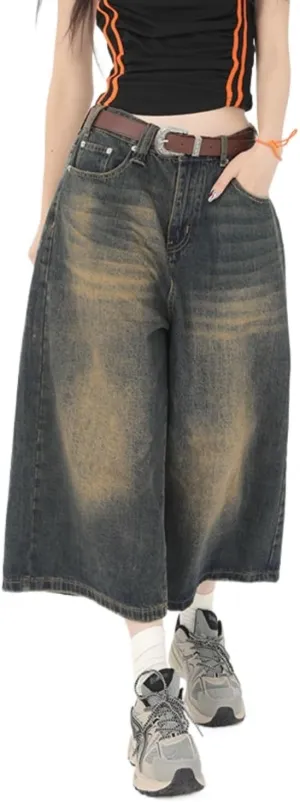 POHADON Women Y2k Baggy Jorts Vintage Wide Leg Long Jean Shorts Loose Fit Capri Denim Shorts Trendy Grunge Vintage Streetwear