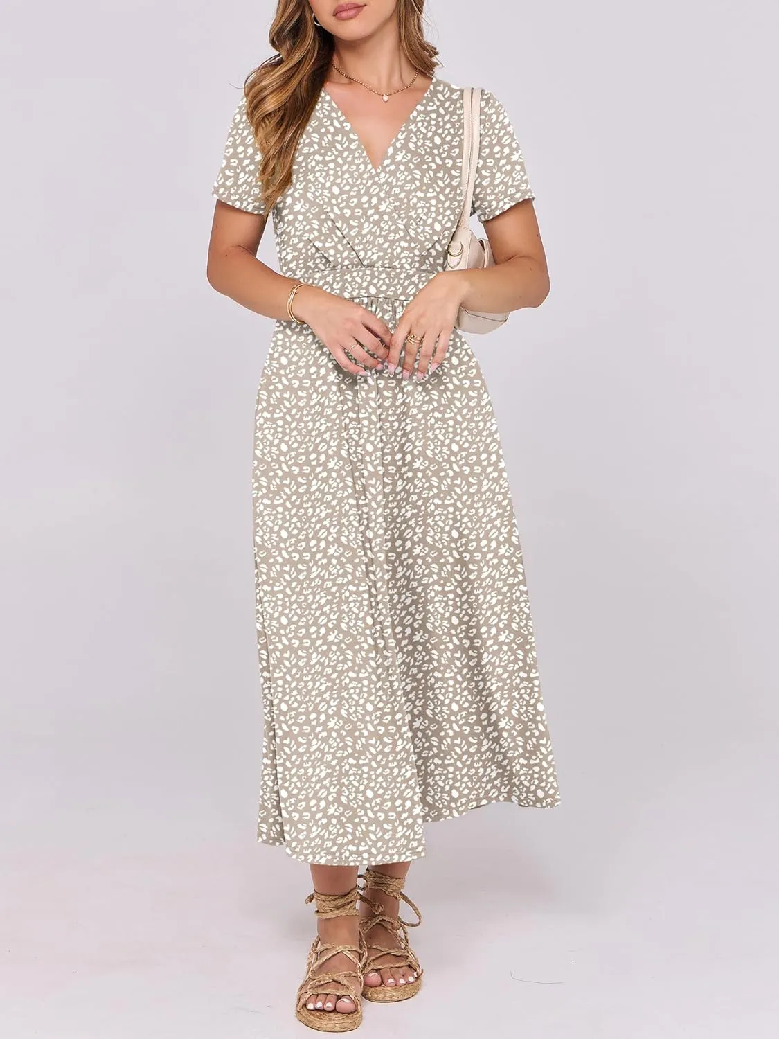 Prinbara Womens Summer Casual Wrap Short Sleeve Floral Maxi Dress 2025 Spring Elegant V Neck Flowy Boho Beach Long Dresses