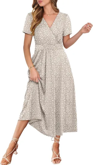 Prinbara Womens Summer Casual Wrap Short Sleeve Floral Maxi Dress 2025 Spring Elegant V Neck Flowy Boho Beach Long Dresses