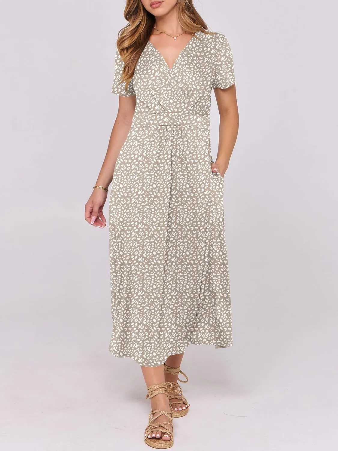 Prinbara Womens Summer Casual Wrap Short Sleeve Floral Maxi Dress 2025 Spring Elegant V Neck Flowy Boho Beach Long Dresses