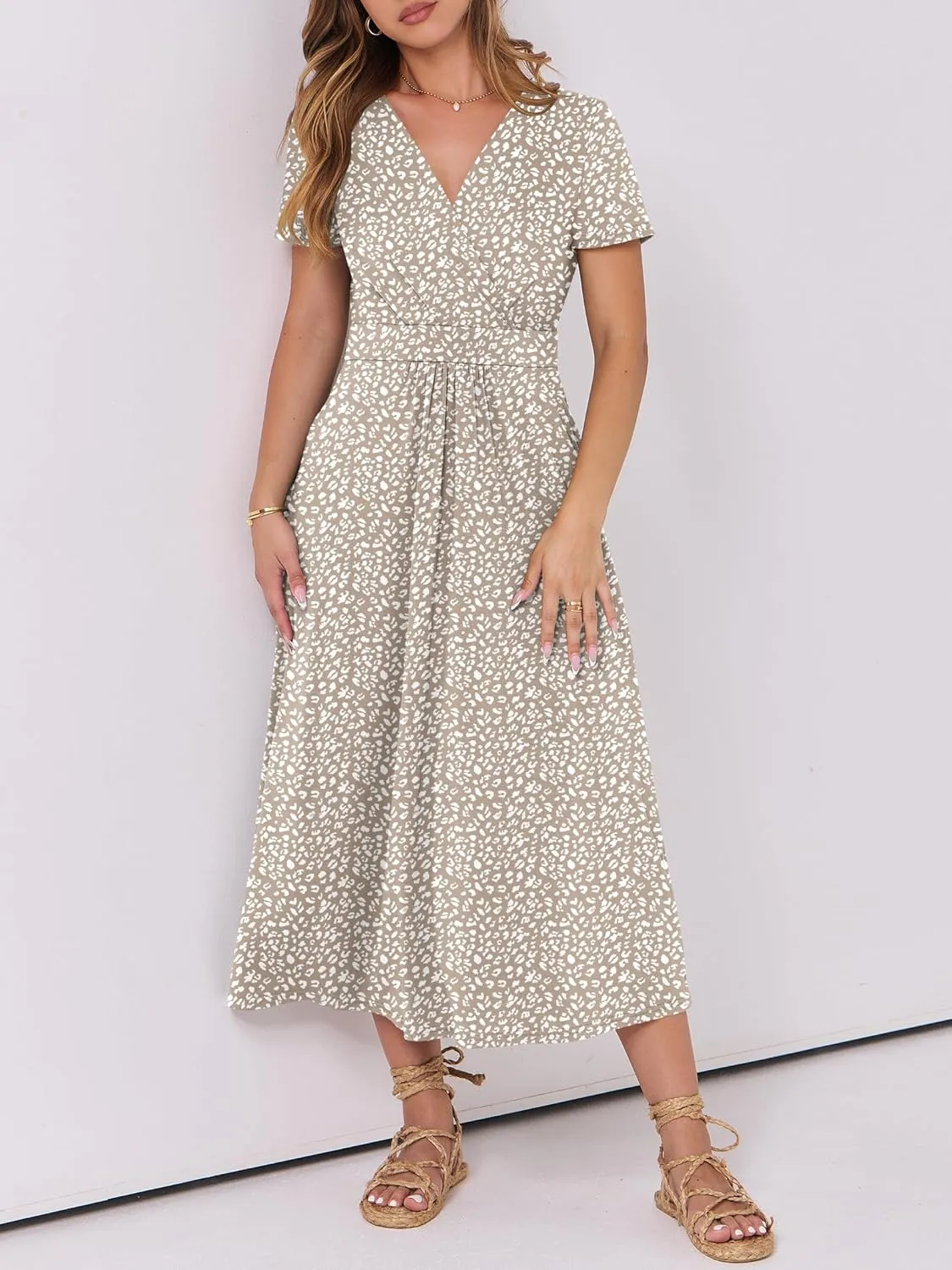 Prinbara Womens Summer Casual Wrap Short Sleeve Floral Maxi Dress 2025 Spring Elegant V Neck Flowy Boho Beach Long Dresses