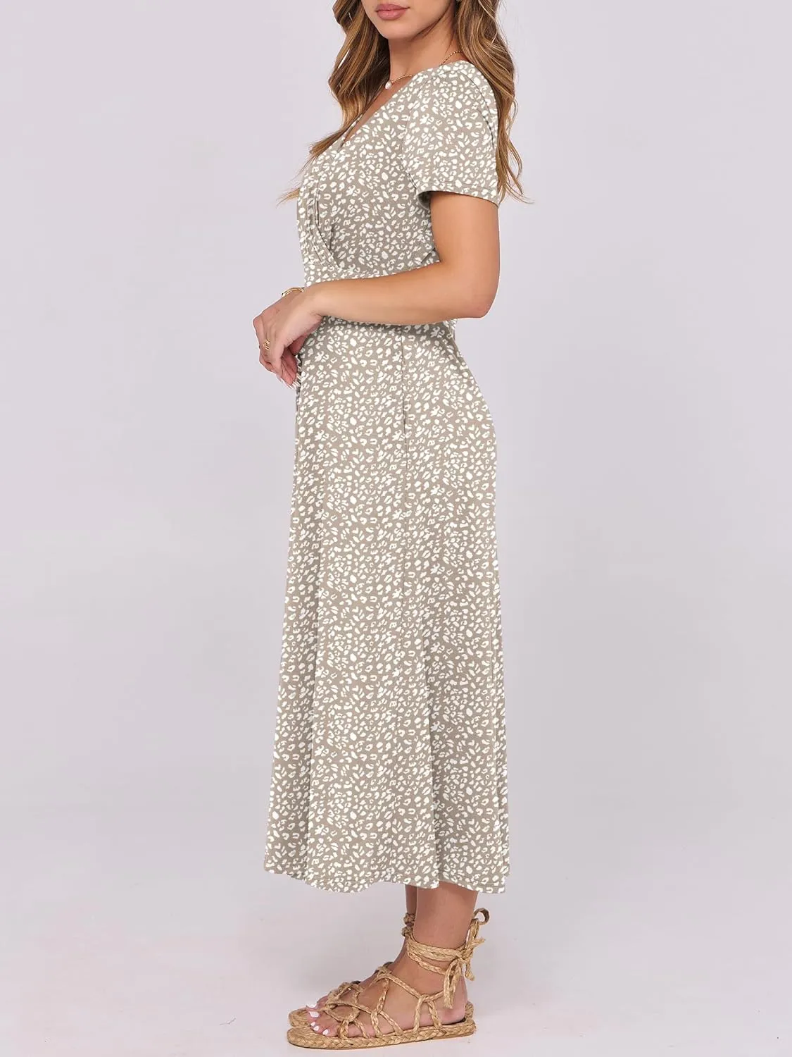 Prinbara Womens Summer Casual Wrap Short Sleeve Floral Maxi Dress 2025 Spring Elegant V Neck Flowy Boho Beach Long Dresses