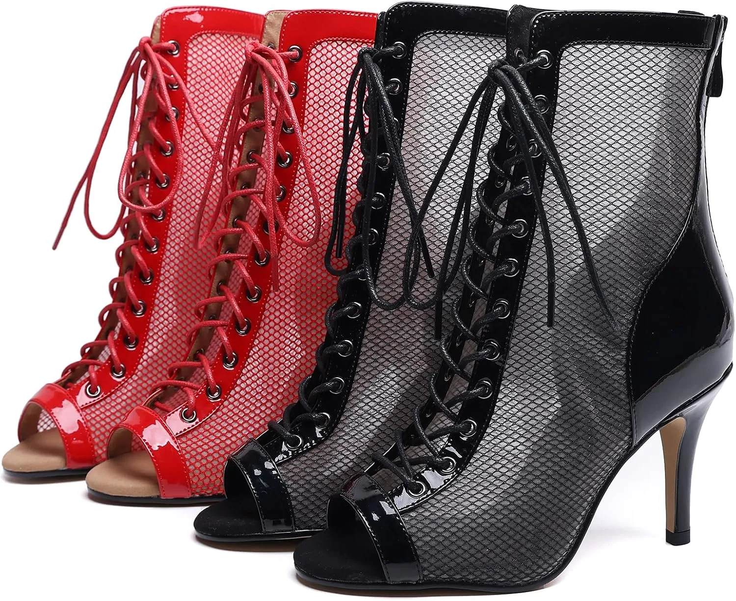 Professional Dancing Heels for Women's, Lace-Up Mesh Jazz Shoes,Zipper Peep Toe Booties,Pole Dance Boots