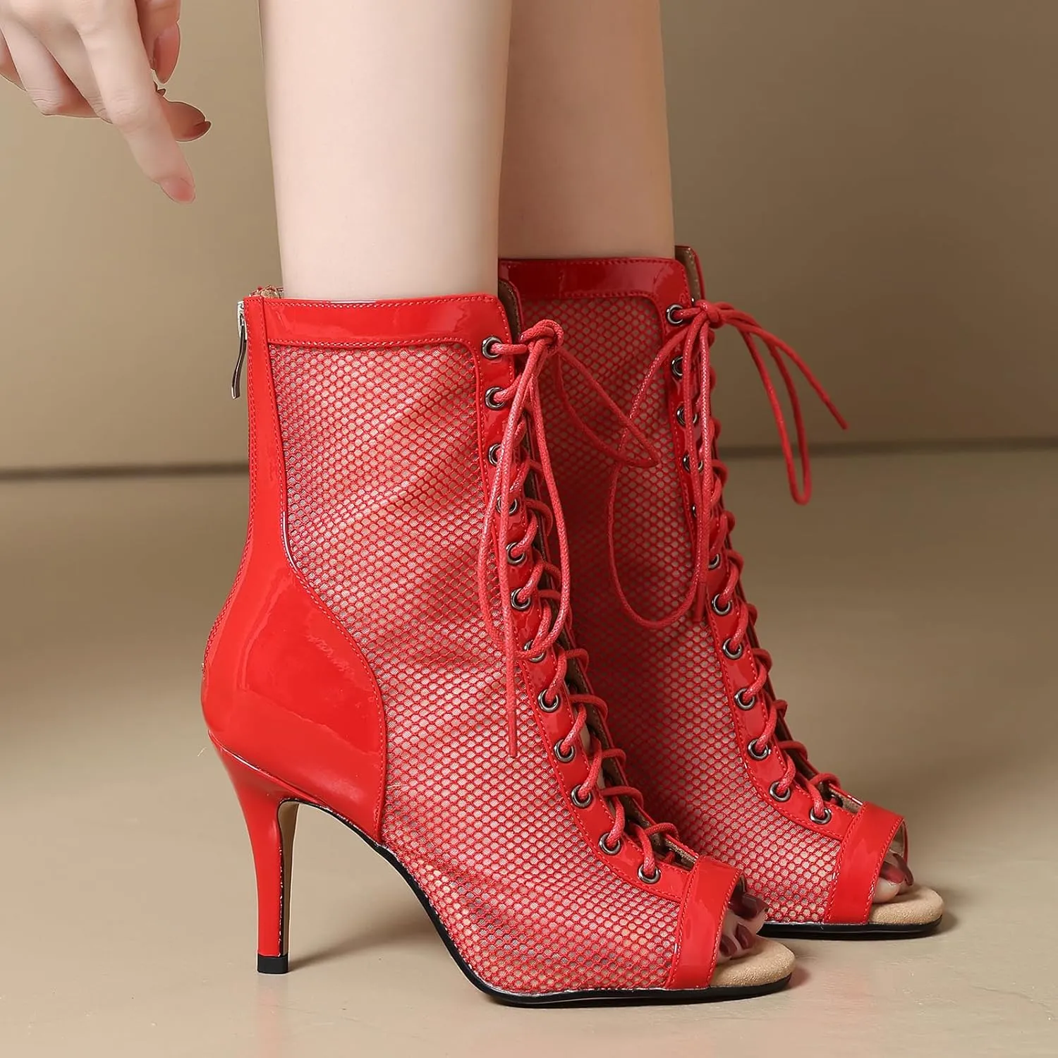 Professional Dancing Heels for Women's, Lace-Up Mesh Jazz Shoes,Zipper Peep Toe Booties,Pole Dance Boots