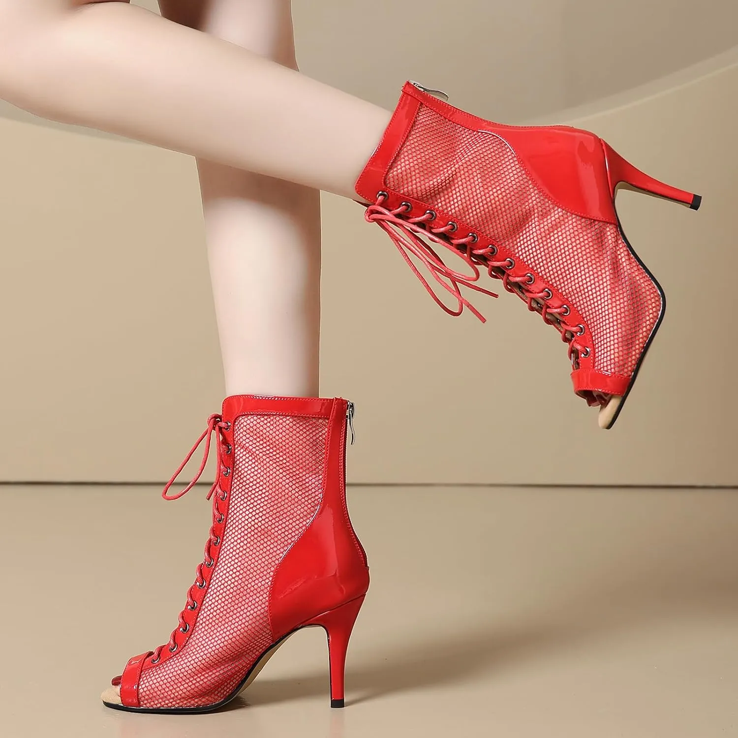 Professional Dancing Heels for Women's, Lace-Up Mesh Jazz Shoes,Zipper Peep Toe Booties,Pole Dance Boots