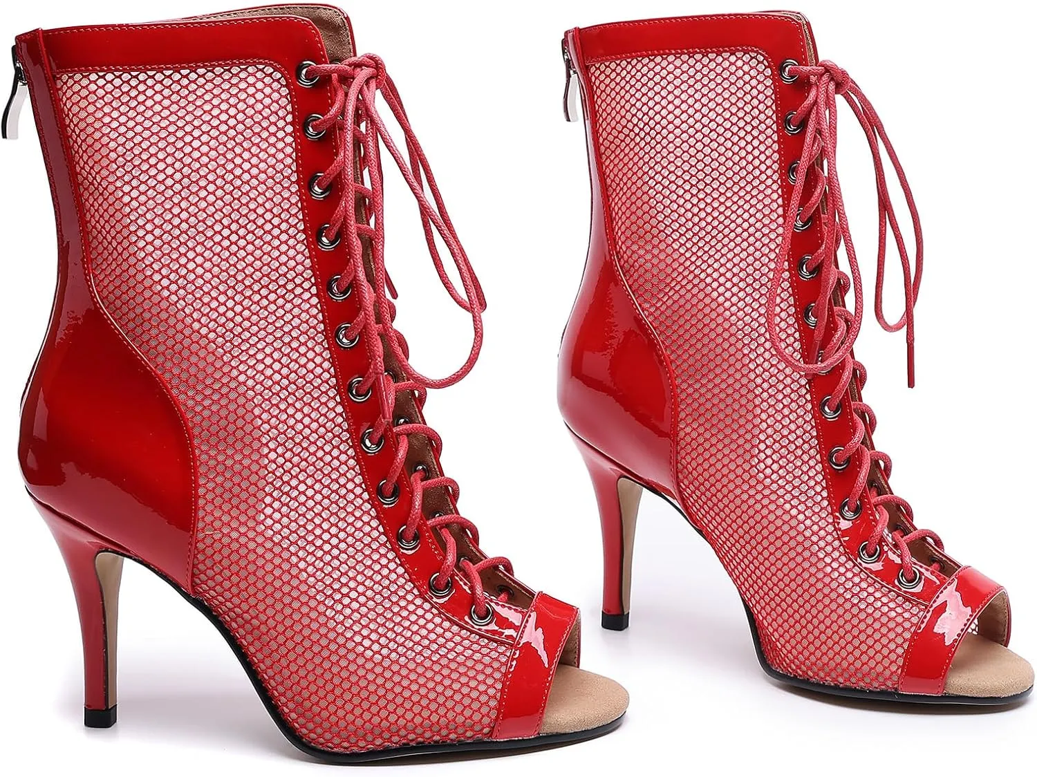 Professional Dancing Heels for Women's, Lace-Up Mesh Jazz Shoes,Zipper Peep Toe Booties,Pole Dance Boots