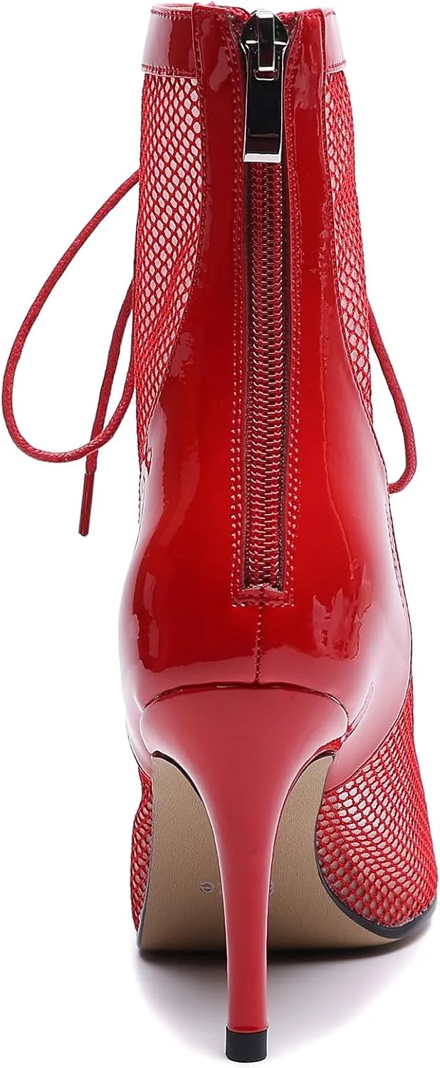 Professional Dancing Heels for Women's, Lace-Up Mesh Jazz Shoes,Zipper Peep Toe Booties,Pole Dance Boots