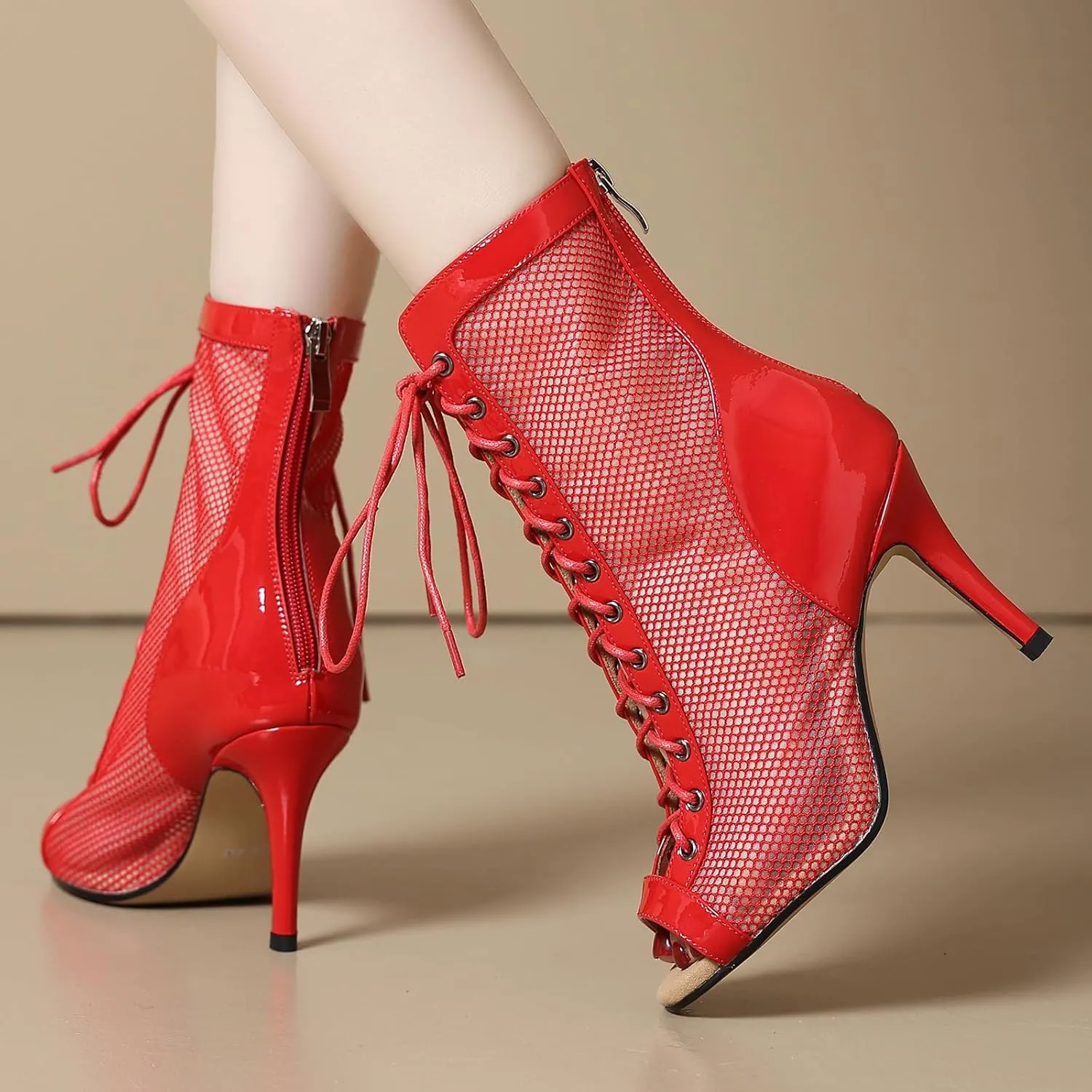 Professional Dancing Heels for Women's, Lace-Up Mesh Jazz Shoes,Zipper Peep Toe Booties,Pole Dance Boots