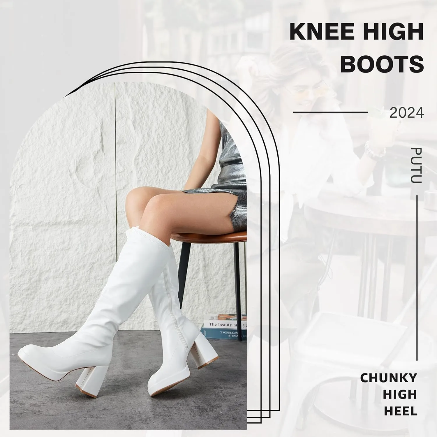Putu Platform Knee High Boots for Women GoGo Boots with Square Toe Chunky Block Tall Boots
