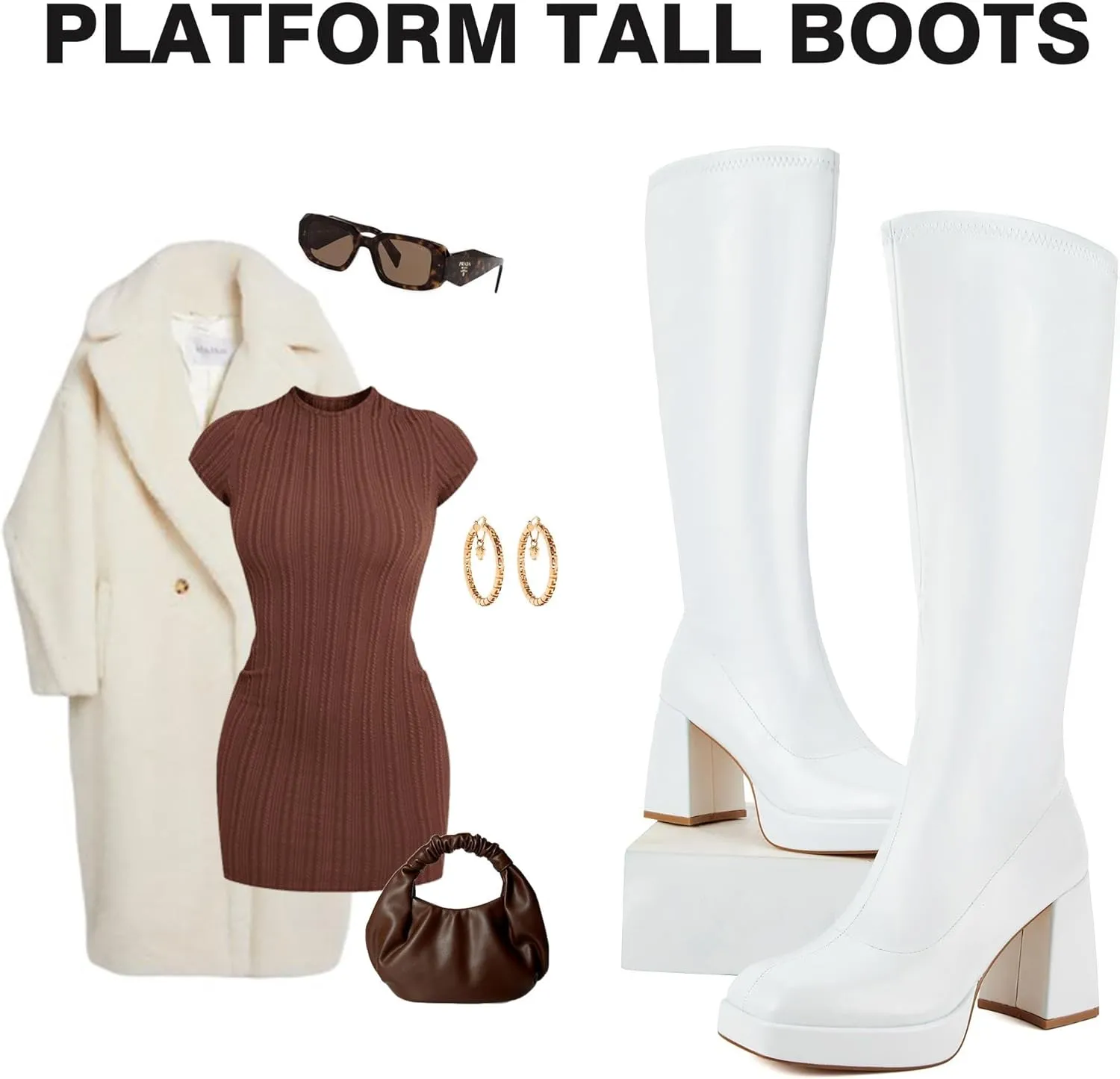 Putu Platform Knee High Boots for Women GoGo Boots with Square Toe Chunky Block Tall Boots