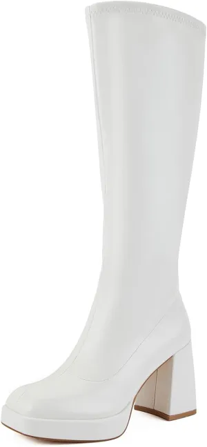 Putu Platform Knee High Boots for Women GoGo Boots with Square Toe Chunky Block Tall Boots