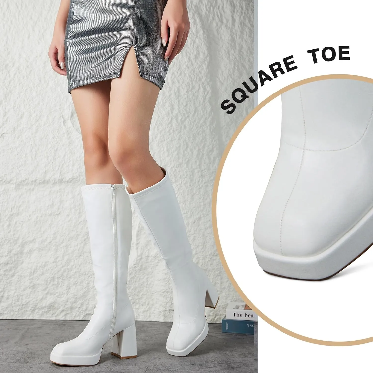 Putu Platform Knee High Boots for Women GoGo Boots with Square Toe Chunky Block Tall Boots