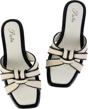 Putu Women's Flat Sandals Square Toe Slide Sandals Braided Flats for Vacation Black 5.5