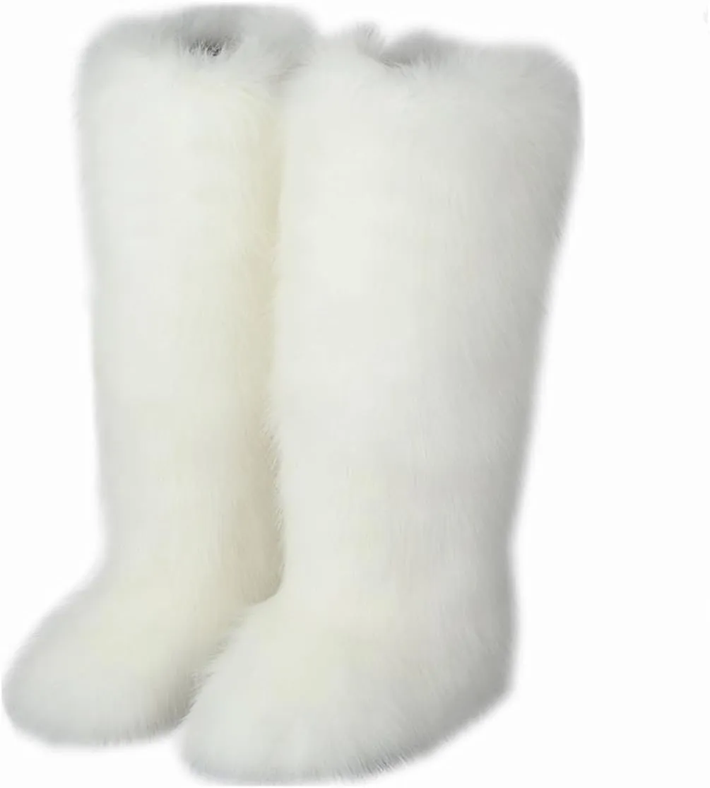 QMFUR Women's Furry Faux Fur Boot Fluffy Knee High Snow Boots Round Toe Suede Winter Comfy Plush Warm Outdoor Indoor Flat Shoes Fashion Boots