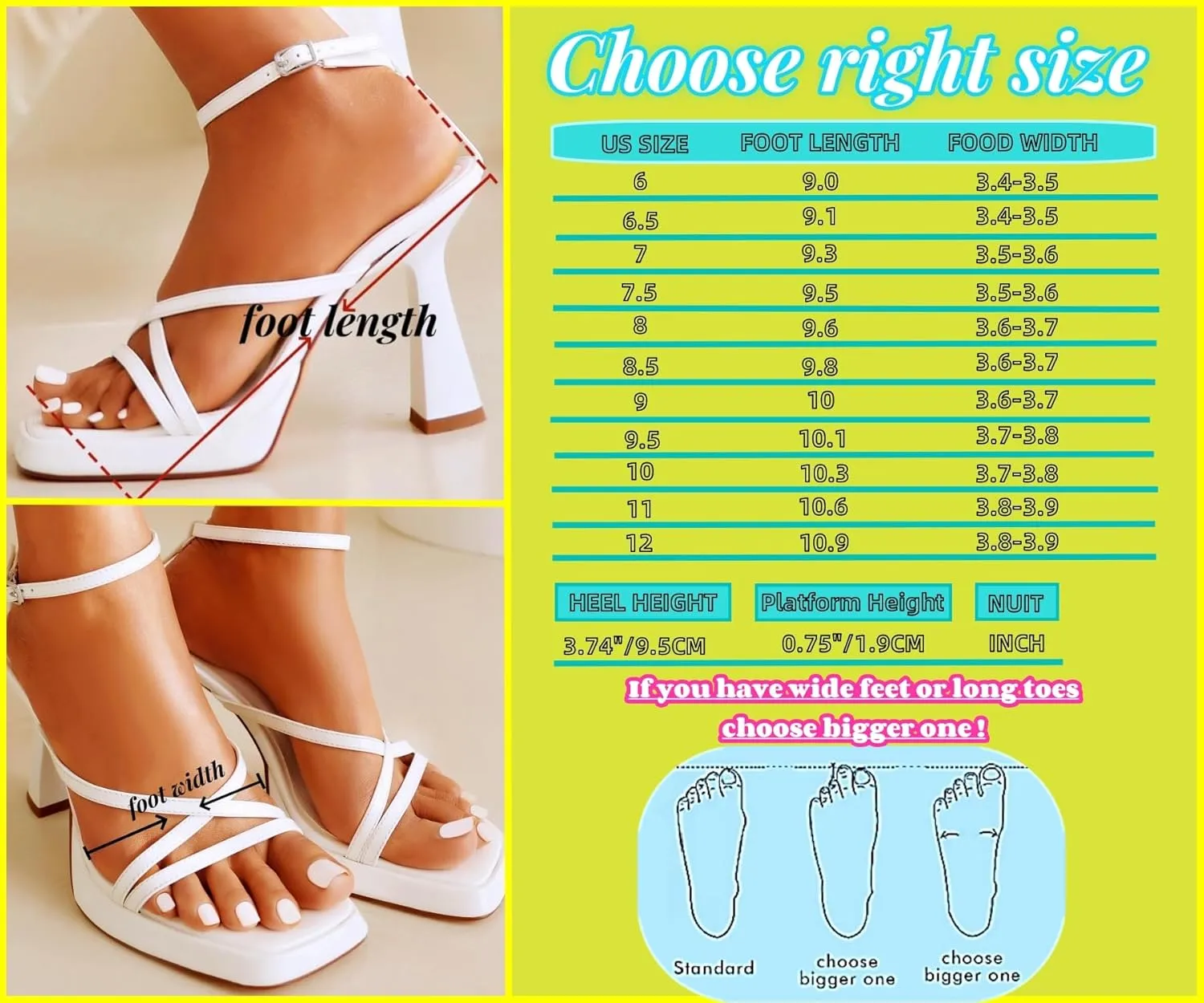 Reitoye Strappy Heels for Women Platform High Chunky Heels Square Open Toe Heeled Sandals Ankle Strap Block Heels