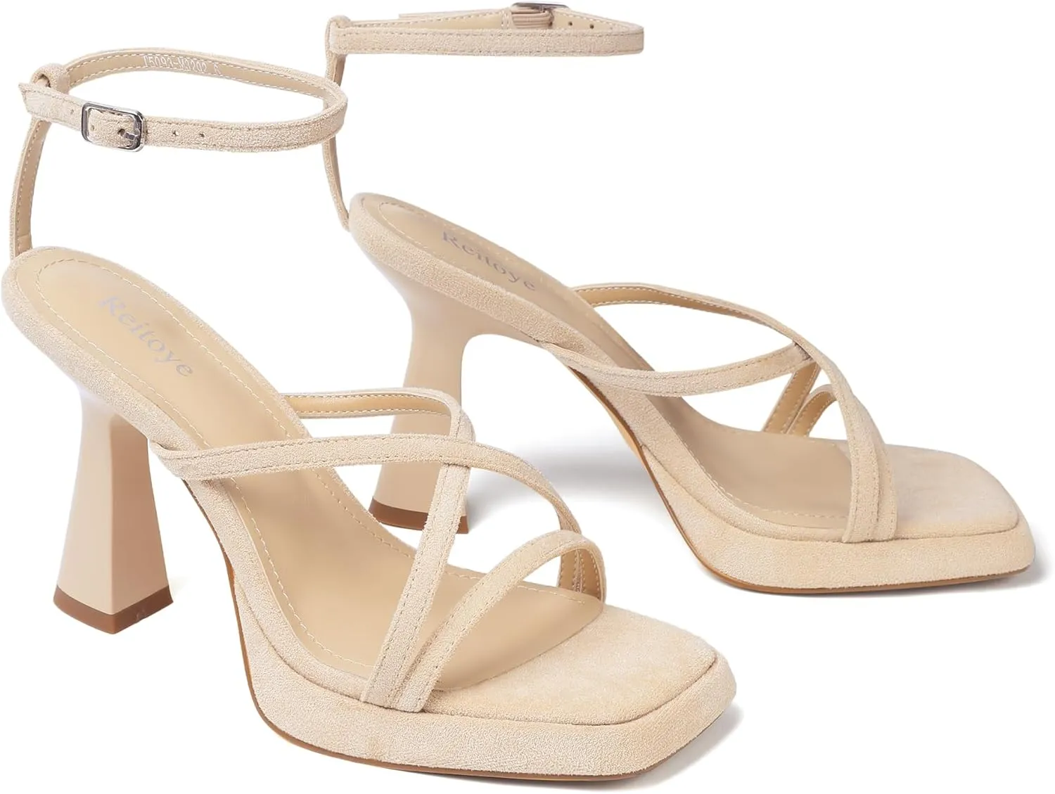 Reitoye Strappy Heels for Women Platform High Chunky Heels Square Open Toe Heeled Sandals Ankle Strap Block Heels