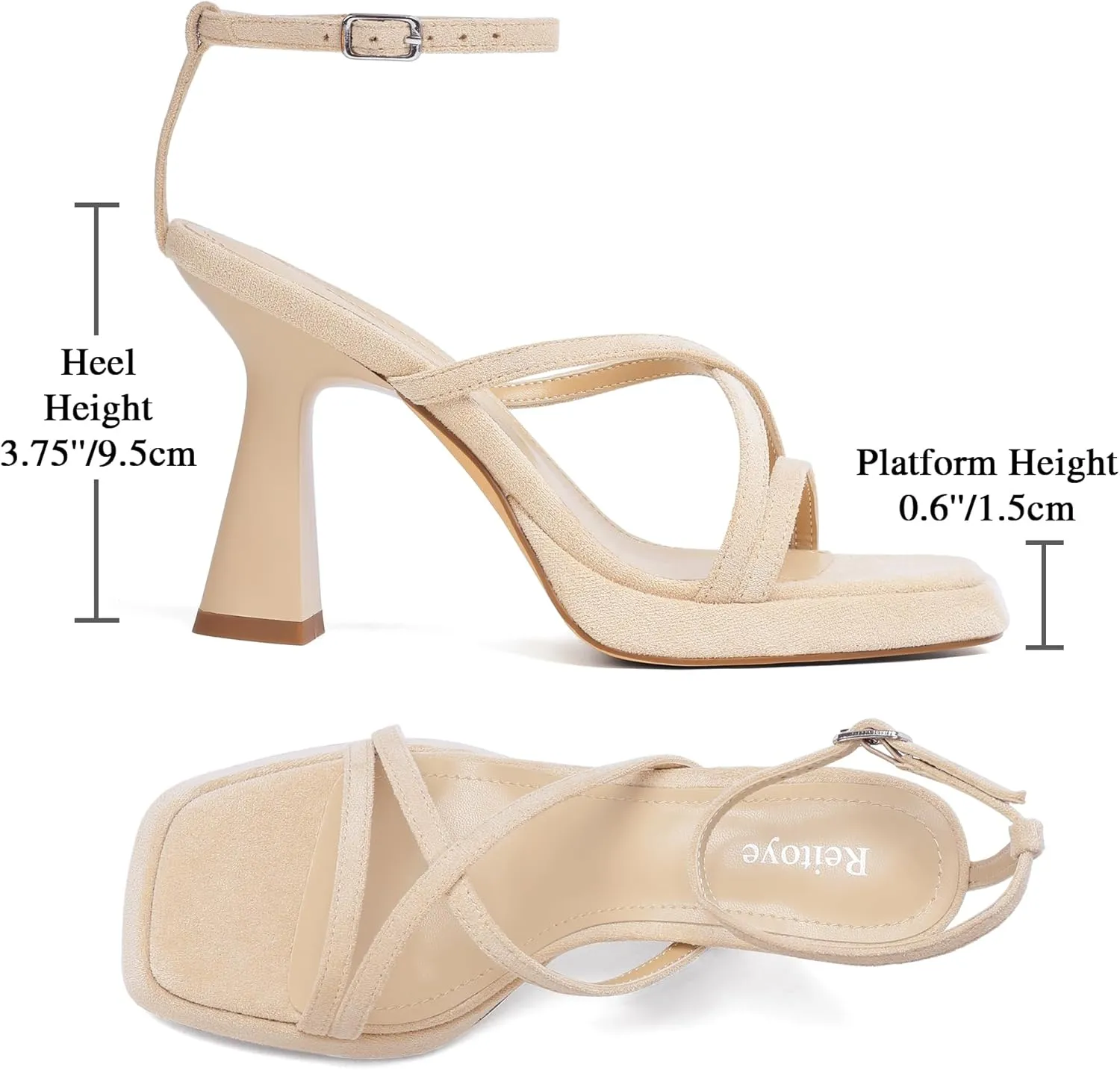 Reitoye Strappy Heels for Women Platform High Chunky Heels Square Open Toe Heeled Sandals Ankle Strap Block Heels