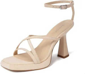 Reitoye Strappy Heels for Women Platform High Chunky Heels Square Open Toe Heeled Sandals Ankle Strap Block Heels