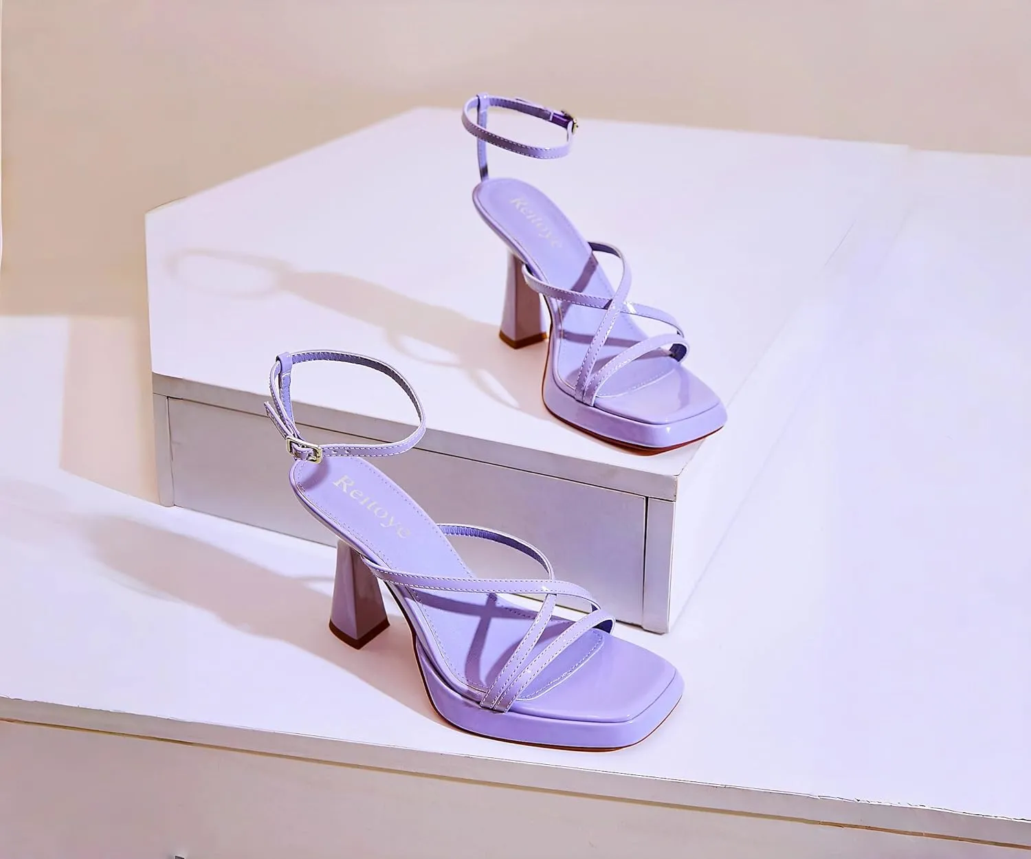 Reitoye Strappy Heels for Women Platform High Chunky Heels Square Open Toe Heeled Sandals Ankle Strap Block Heels