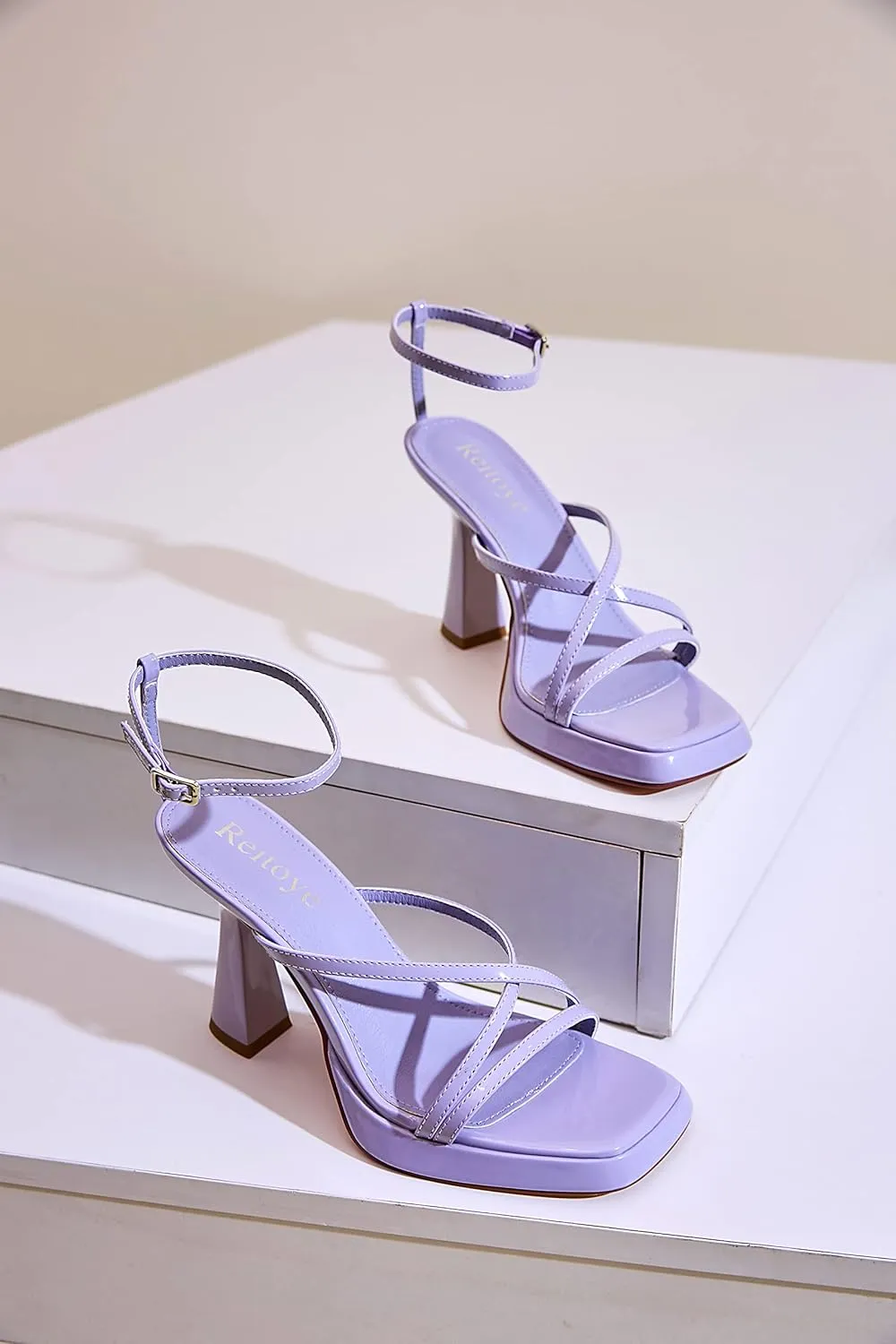 Reitoye Strappy Heels for Women Platform High Chunky Heels Square Open Toe Heeled Sandals Ankle Strap Block Heels