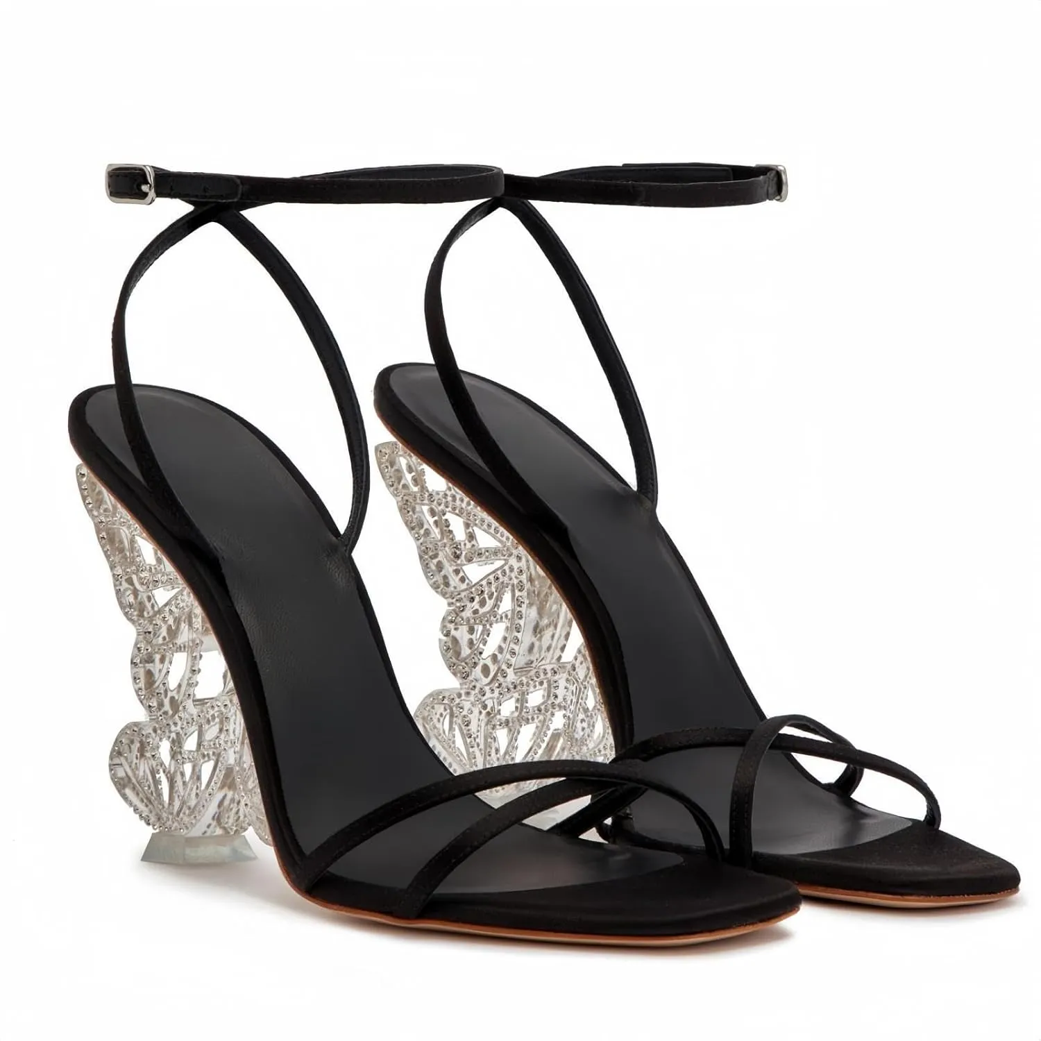 Rhinestone Butterfly Stilletos Heels Sandals for Women, Open Pointed High Heels Sandals Ankle Strap Buckles Elegant Wedding Dress Shoes