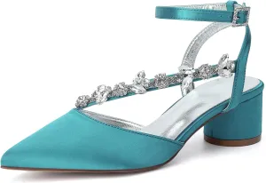 Rhinestones Satin Strappy Wedding Shoes Pointed Toe Block Low Heel Bridal Shoes Women Party Sandals 4.5CM Closed Toe Ankle Strap Pumps for Prom,Blue green,11.5