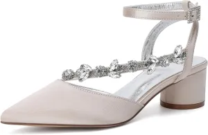 Rhinestones Satin Strappy Wedding Shoes Pointed Toe Block Low Heel Bridal Shoes Women Party Sandals 4.5CM Closed Toe Ankle Strap Pumps for Prom,Champagne,7