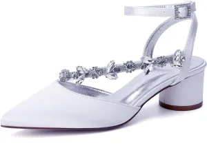 Rhinestones Satin Strappy Wedding Shoes Pointed Toe Block Low Heel Bridal Shoes Women Party Sandals 4.5CM Closed Toe Ankle Strap Pumps for Prom,White,8.5