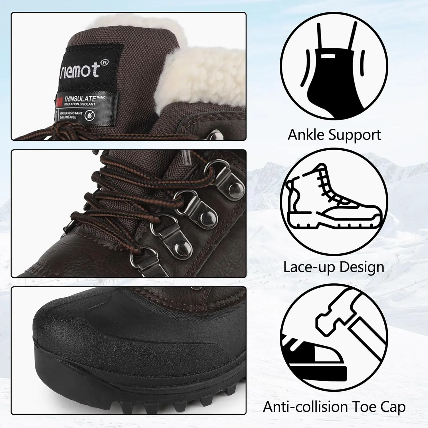 riemot Women's Men's Winter Snow Boots Waterproof Outdoor Boots Anti-slip Comfortable Boots Warm Fur Collar Shoes for Hiking Walking Camping Lace-up Shoes US 5-13 Black Brown
