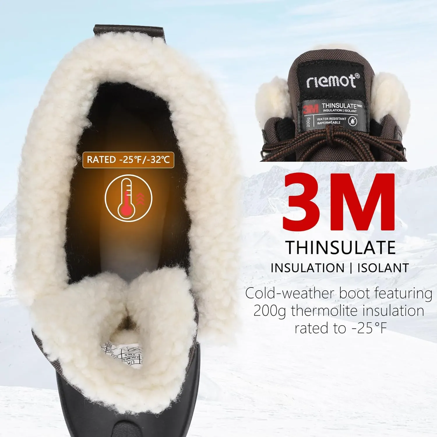 riemot Women's Men's Winter Snow Boots Waterproof Outdoor Boots Anti-slip Comfortable Boots Warm Fur Collar Shoes for Hiking Walking Camping Lace-up Shoes US 5-13 Black Brown