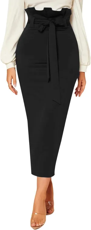 Rooscier Women's Ruffle High Waist Self Tie Belt Straight Elegant Party Long Skirt