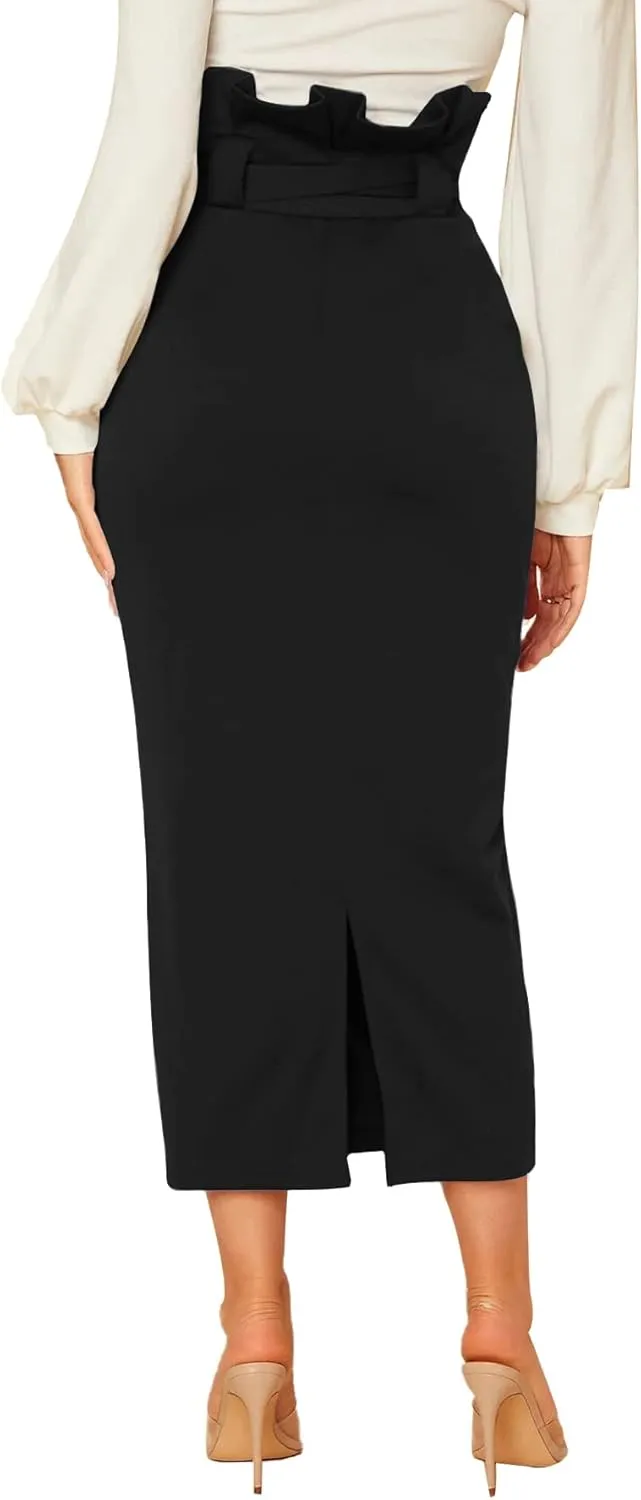 Rooscier Women's Ruffle High Waist Self Tie Belt Straight Elegant Party Long Skirt