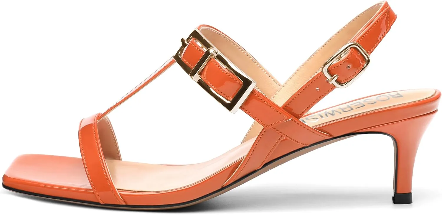 ROSERWISH Women's Low kitten heel Strappy Sandals Open Square Toe Slingback Patent Heels 2 Inch Fashion Comfort Dress Shoes