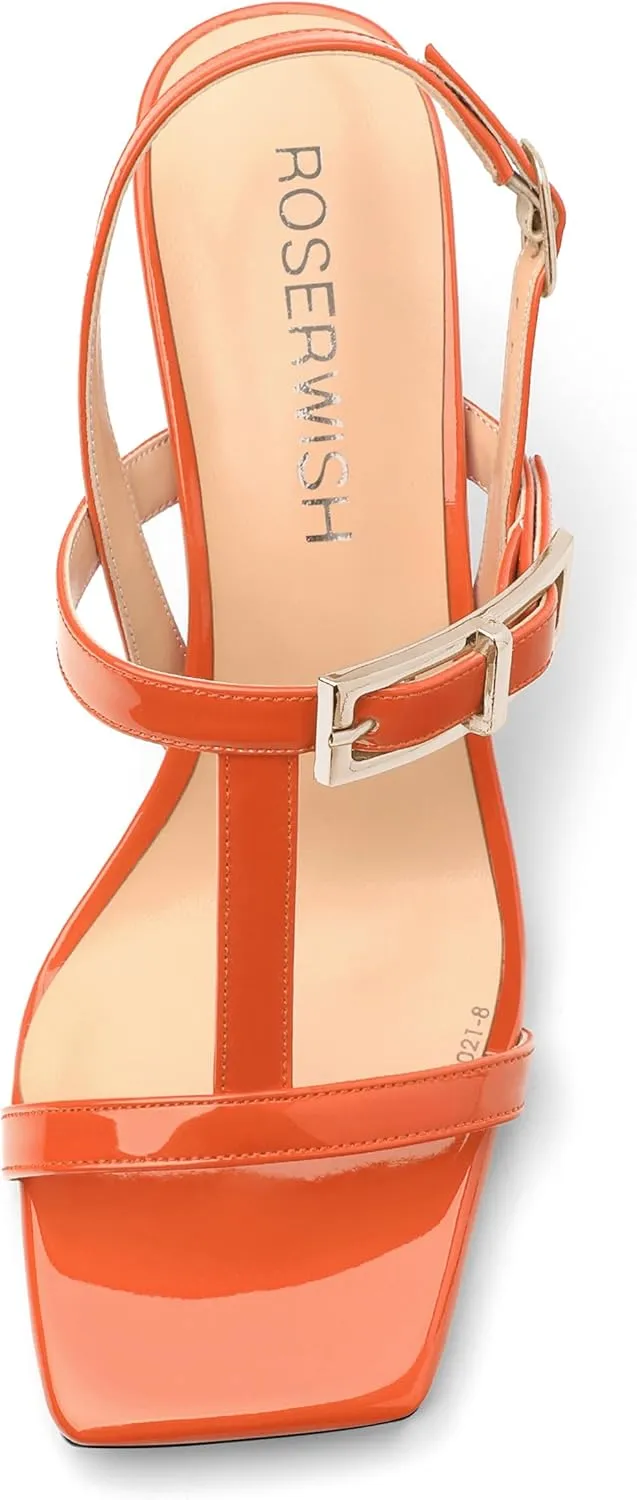 ROSERWISH Women's Low kitten heel Strappy Sandals Open Square Toe Slingback Patent Heels 2 Inch Fashion Comfort Dress Shoes