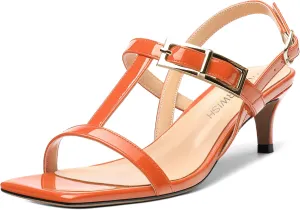 ROSERWISH Women's Low kitten heel Strappy Sandals Open Square Toe Slingback Patent Heels 2 Inch Fashion Comfort Dress Shoes