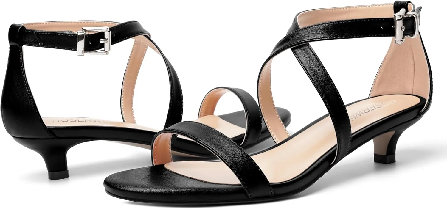 ROSERWISH Womens Matte Stylish Ankle Strap Dress Buckle Round Toe Wedding Kitten Low Heel Heeled Sandals 1.5 Inch